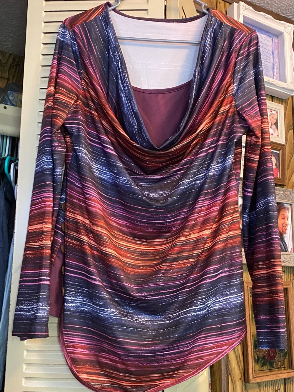 SHEIN Striped Cowl Neck Sweater - Burgundy, Purple, Orange, Navy